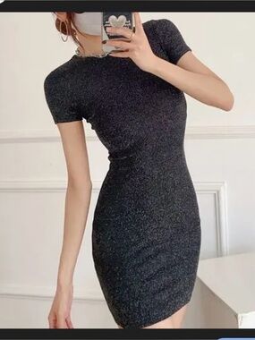 H&M Black Glitter Short Sleeve Mini Dress